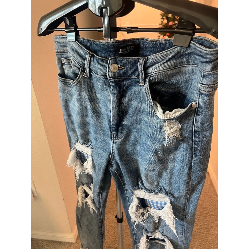 Judy Blue Denim - Distressed Gingham Patchwork High-Rise Skinny Jeans Size 14 - Picture 3 of 12